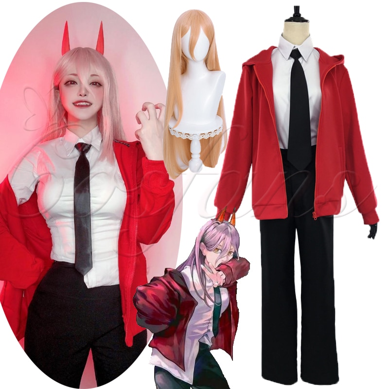 Anime Chainsaw Man Power Cosplay Costume Perruques Chaussures Uniformes Tenues Veste Rouge Hoodies Pantalon Devil Horn - Chainsaw Man Shop
